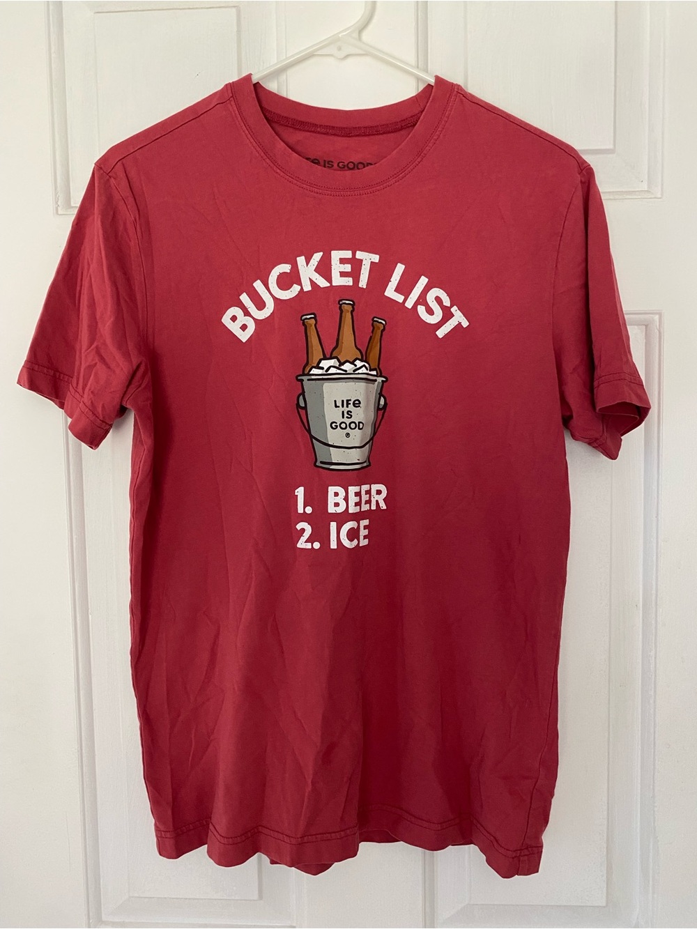 Life Is Good Red 'Bucket List' Graphic Tee with Beer Bucket